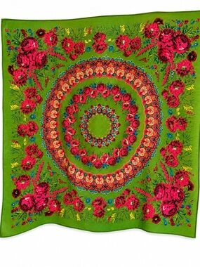 Vintage Floral Folk Shawl Wrap Green Pink Roses 55” Square Wool Blend Boho